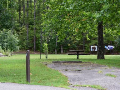 Campsite 9 showing parking spur, picnic table and lantern post