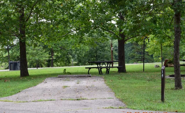 Campsite 14 showing parking spur, picnic table and lantern post