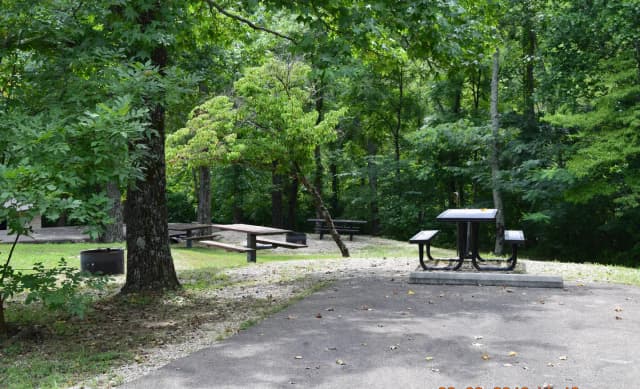 Campsite 21 showing parking spur, picnic table, lantern post and fire ring