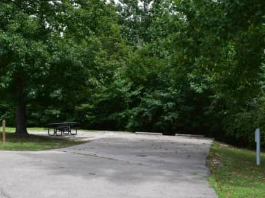 Campsite 25 showing parking spur,picnic table, electric hookup and fire ring