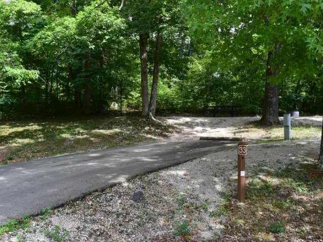 Campsite 33 showing parking spur, picnic table, electric hookup and fire ring