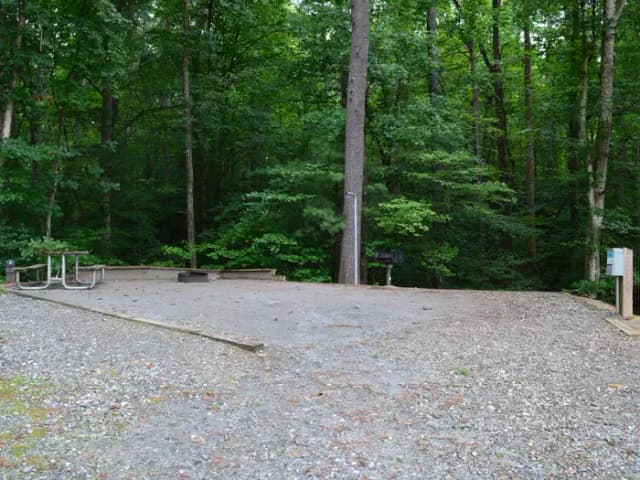 Gravel site with fire pit, table, grill and lake view