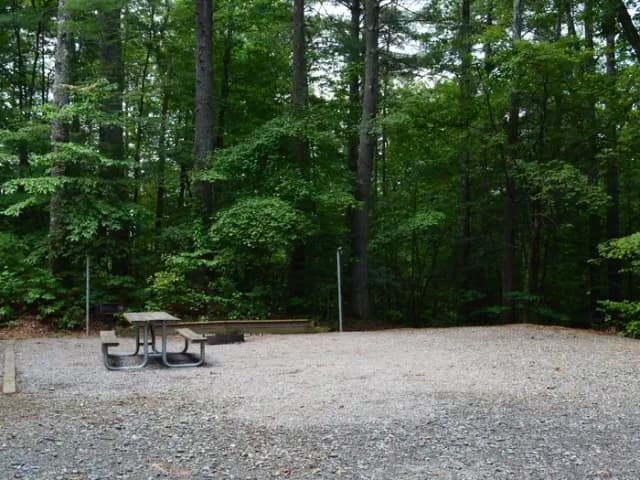 Gravel site with fire pit, table, grill