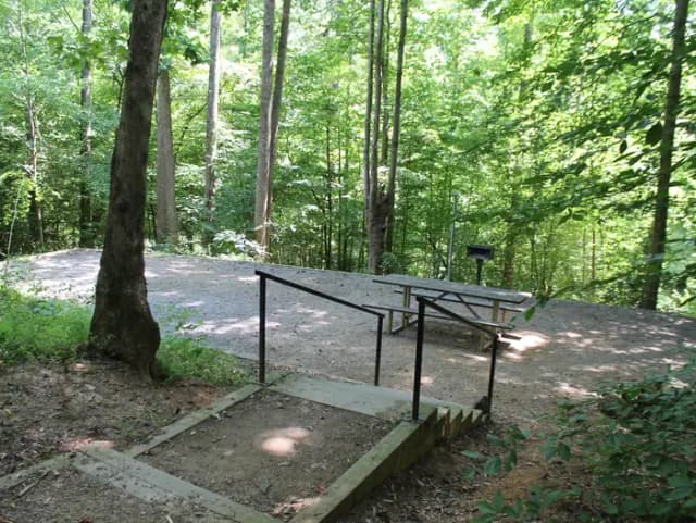 Gravel site with table, grill, fire pit with steps leading down from parking