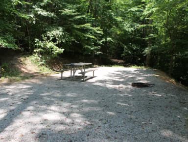 Gravel site with table, grill, fire pit with steps leading down from parking
