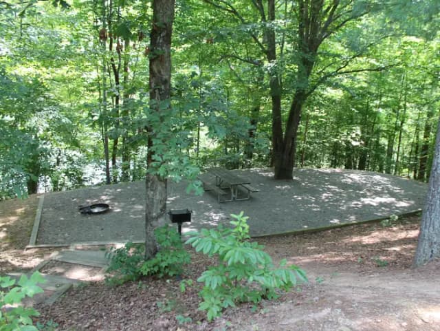 Gravel site with table, grill, fire pit with steps leading down from parking