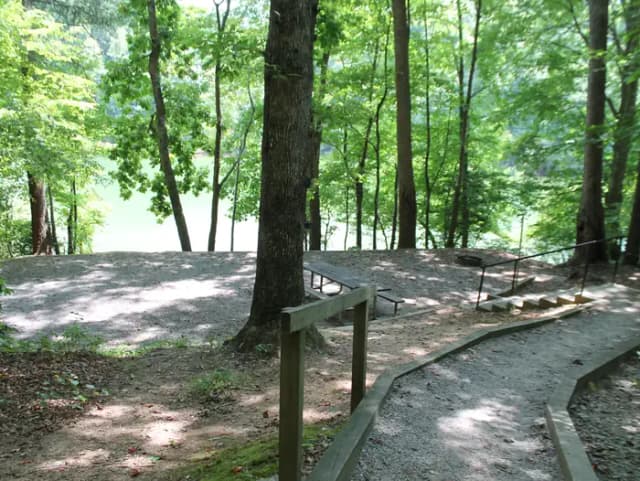 Gravel site with table, grill, fire pit with steps leading down from parking