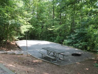 Gravel site with table, grill, fire pit with steps leading down from parking