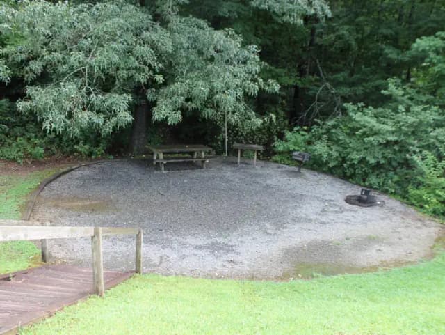 Gravel site with fire pit, table, grill and large tree coverage
