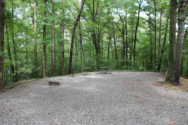 Gravel site with fire pit, table, grill