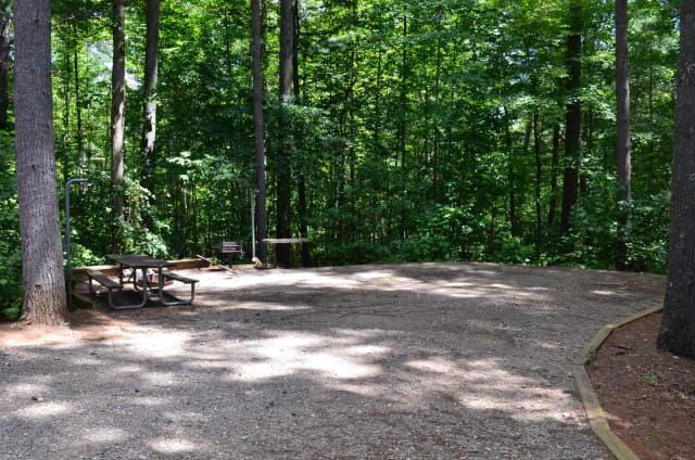 Flat gravel site with table, fire pit, grill, surrounded by trees