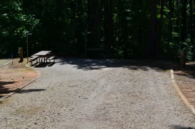 Flat gravel site surrounded by trees with fire pit, grill, table