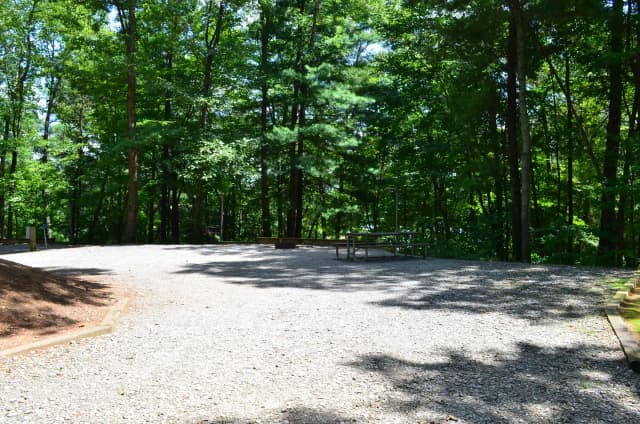 Round gravel site with dense tree coverage and table, grill, fire pit