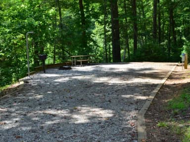Gravel site with fire pit, table, grill and tall pines