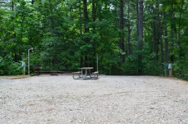 Gravel site with table, fire pit, grill
