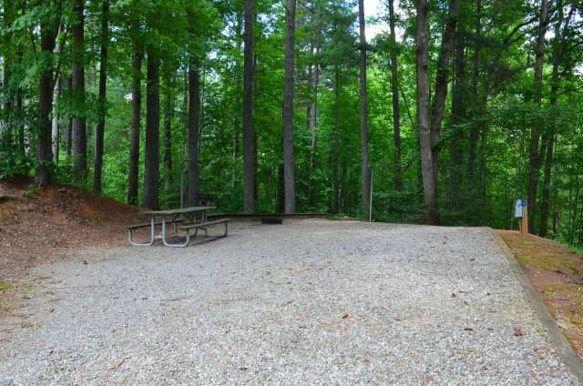 Long gravel site with fire pit, table, grill
