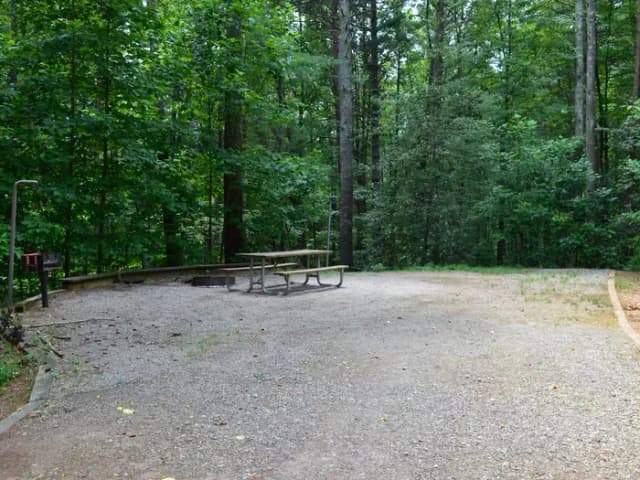 Gravel site with fire pit, table, grill