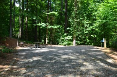 Gravel site with table, fire pit, grill, surrounded by trees
