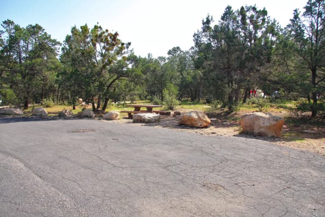 Picnic table, fire pit, and parking spot, Mather Campground