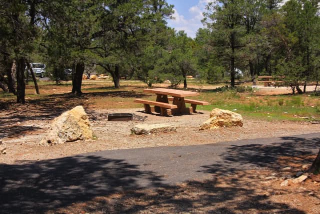 Picnic table, fire pit, and parking spot, Mather Campground
