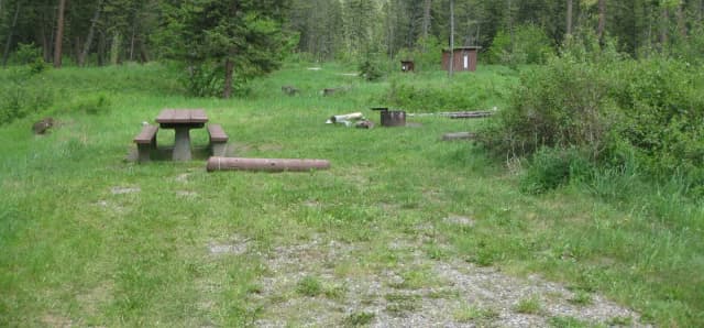 Site 15, campsite surrounded by pine trees, picnic table & fire ring