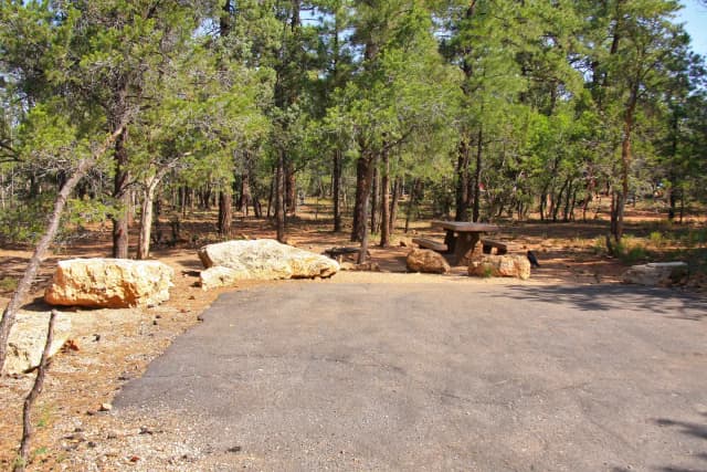 Picnic table, fire pit, and parking spot, Mather Campground