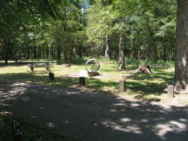 Campsite 13 showing parking spur, picnic table, lantern post and fire ring