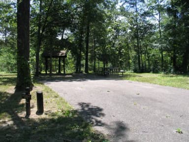 Do campsite 22 showing wide parking spur, picnic tables, lantern post, food shelter and fire ring