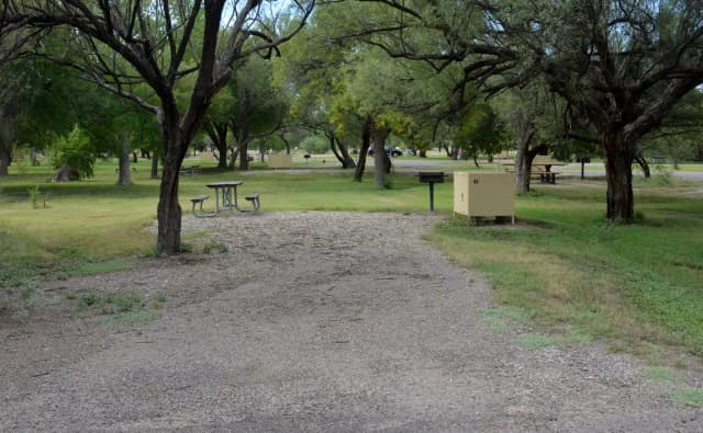 View of the driveway and main site area from the road. The gravel driveway leads into the site, with a picnic table on one side, and a metal grill and bear box on the other. There is a large field with trees growing just behind the site, where there is plenty of space to pitch a tent or shelter. There is no shade or shelter provided in this site.