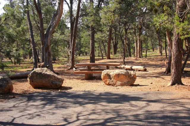 Picnic table, fire pit, and parking spot, Mather Campground
