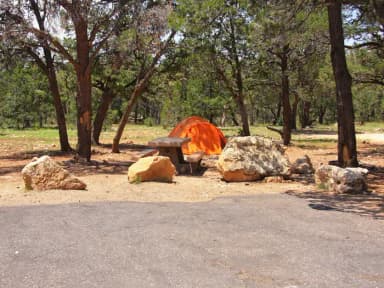 Picnic table, fire pit, tent, and parking spot, Mather Campground