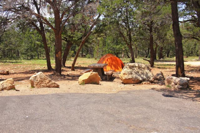 Picnic table, fire pit, tent, and parking spot, Mather Campground