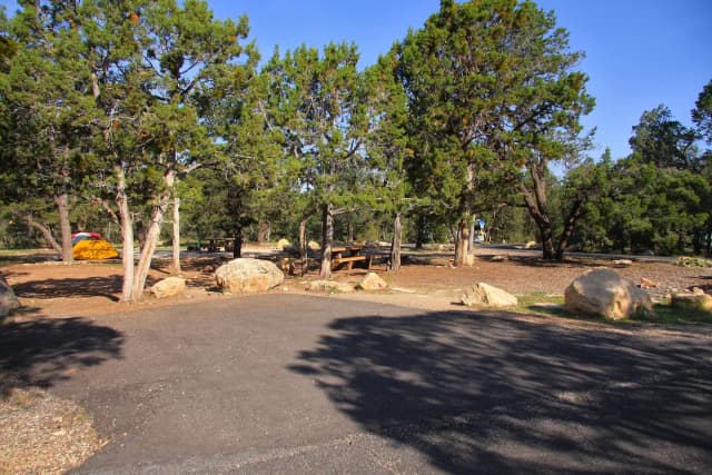 Picnic table, fire pit, and parking spot, Mather Campground