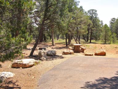 Picnic table, fire pit, and parking spot, Mather Campground