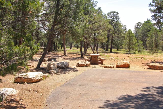 Picnic table, fire pit, and parking spot, Mather Campground