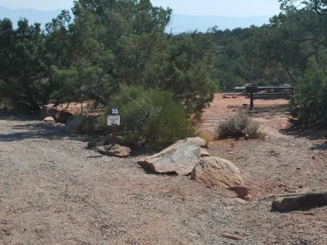 Loop B Site 33 features a gravel pull-off with a campsite nestled behind juniper bushes, containing a picnic table and grill set on a compacted dirt surface.
