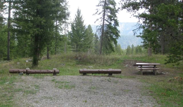 Site B6, campsite surrounded by pine trees, picnic table & fire ring