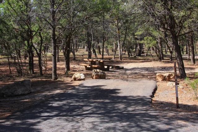 Picnic table, fire pit, and parking spot, Mather Campground