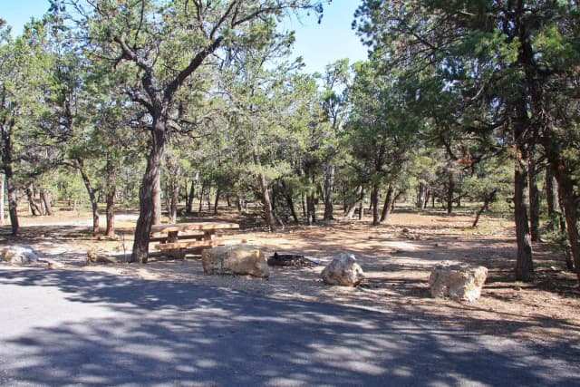 Picnic table, fire pit, and parking spot, Mather Campground