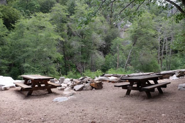 Picnic tables with fire pit.