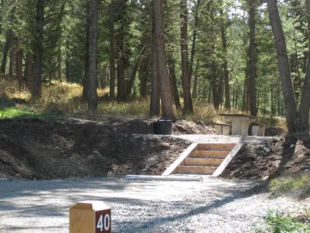 Site 40, campsite surrounded by pine trees, picnic table & fire ring