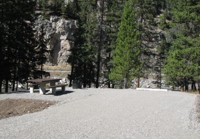 Site 59, campsite surrounded by pine trees, picnic table & fire ring