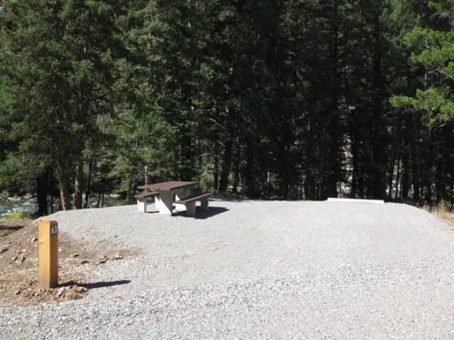 Site 63, campsite surrounded by pine trees, picnic table & fire ring
