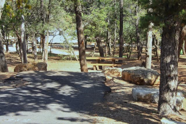 Picnic table, fire pit, and parking spot, Mather Campground