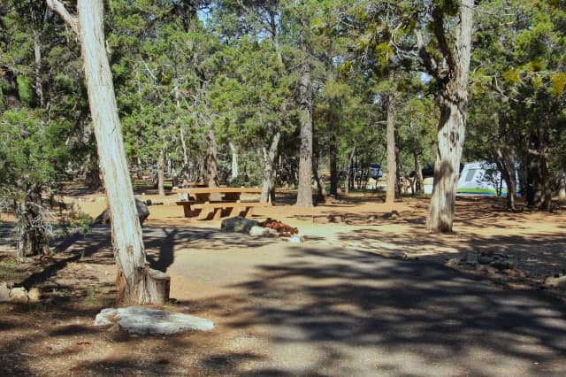 Picnic table, fire pit, and parking spot, Mather Campground