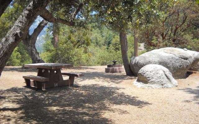 Campground with picnic table and fire pit.