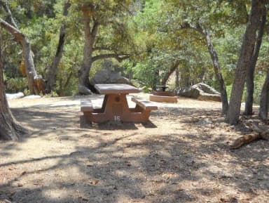 Campground with picnic table and fire pit.