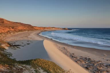 Sandy beach with dunes, ocean and small waves and steep coastal bluffs covered in dry grass., filed by the agency against 10 campsites at Santa Rosa Island Backcountry Beach Camping