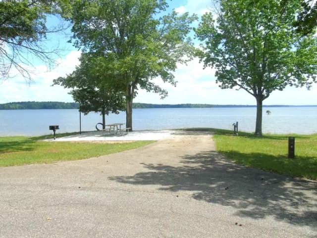 Campsite with Picnic Table, fire ring, and grill.