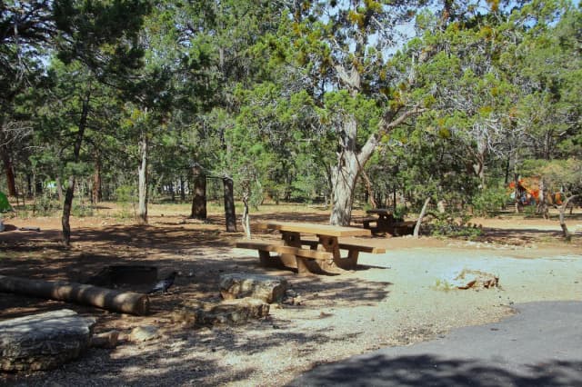 Picnic table, fire pit, and park spot, Mather Campground
